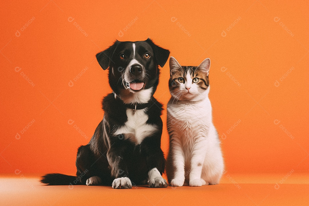 Cachorro e gato sentados para foto isolada no fundo laranja do estúdio