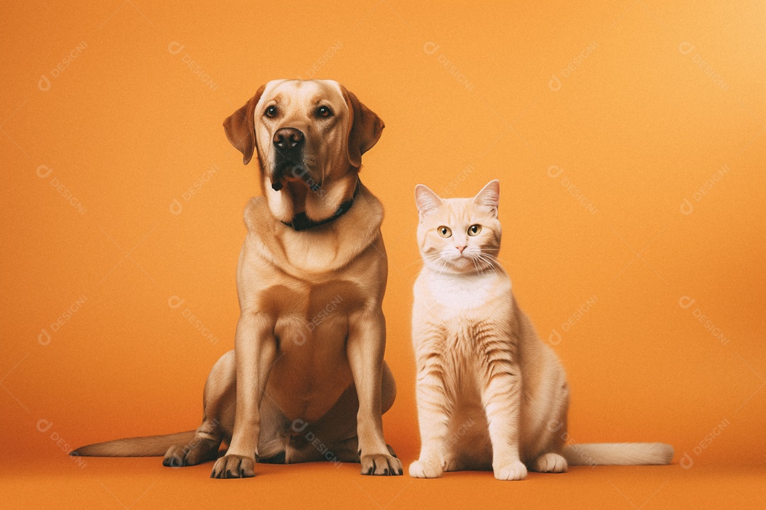 Cachorro e gato sentados para foto isolada no fundo laranja do estúdio