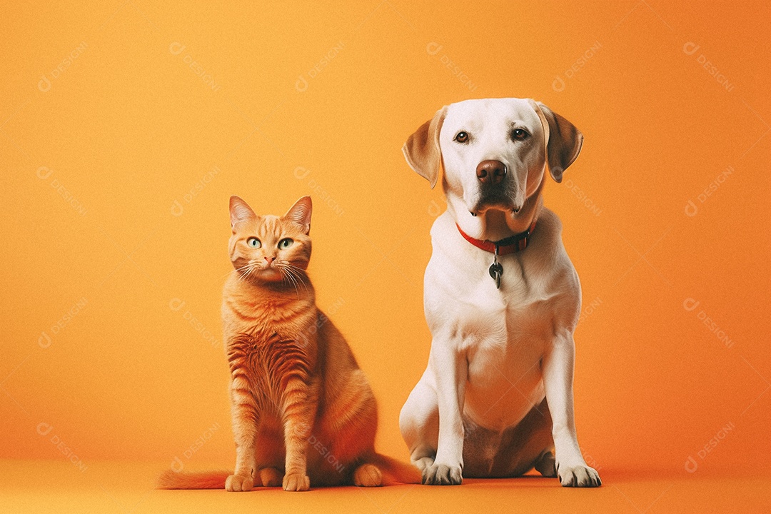 Cachorro e gato sentados para foto isolada no fundo laranja do estúdio