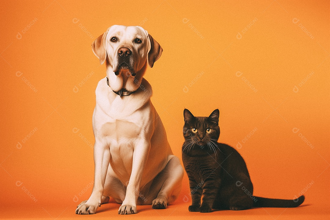 Cachorro e gato sentados para foto isolada no fundo laranja do estúdio