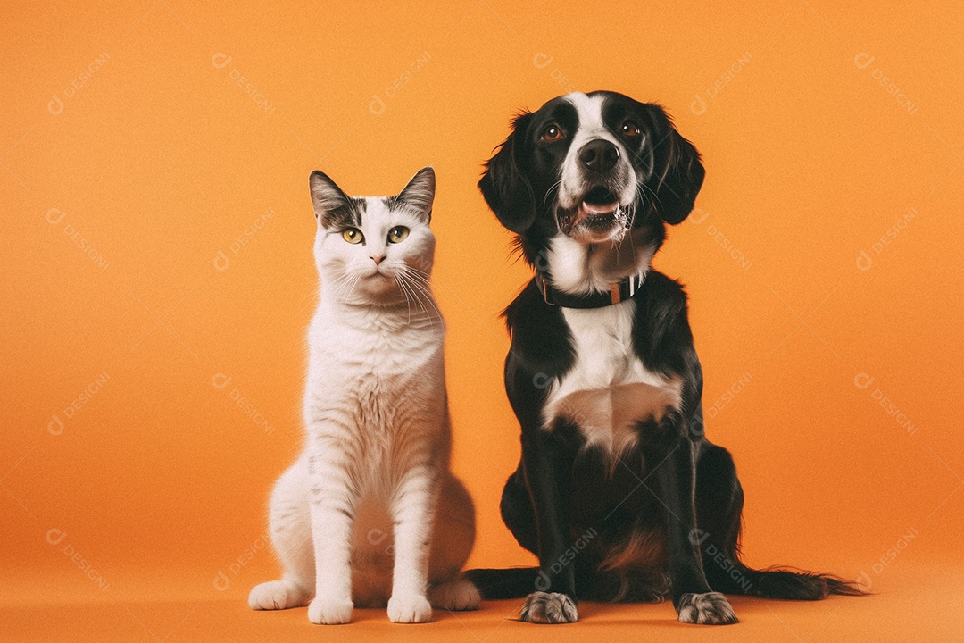 Cachorro e gato sentados para foto isolada no fundo laranja do estúdio