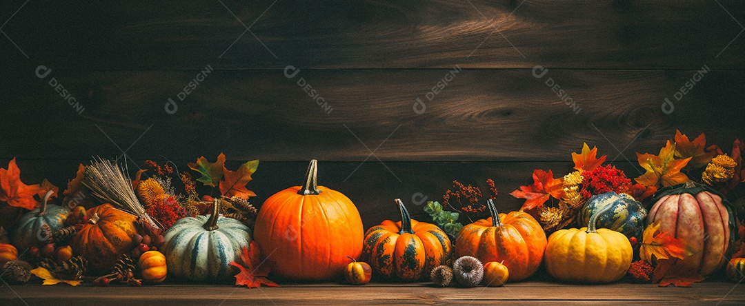 Fundo colorido de outono no piso de madeira com abóboras e folhas