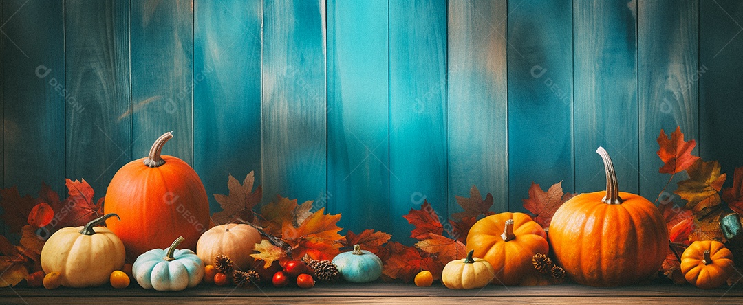 Fundo colorido de outono no piso de madeira com abóboras e folhas