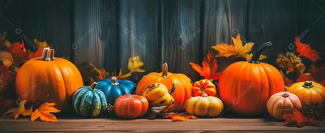 Fundo colorido de outono no piso de madeira com abóboras e folhas