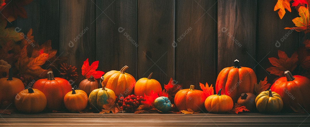 Fundo colorido de outono no piso de madeira com abóboras e folhas