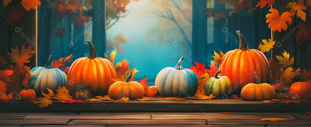 Fundo colorido de outono no piso de madeira com abóboras e folhas