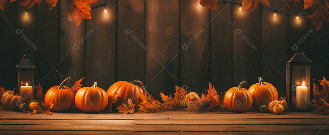 Fundo colorido de outono no piso de madeira com abóboras e folhas