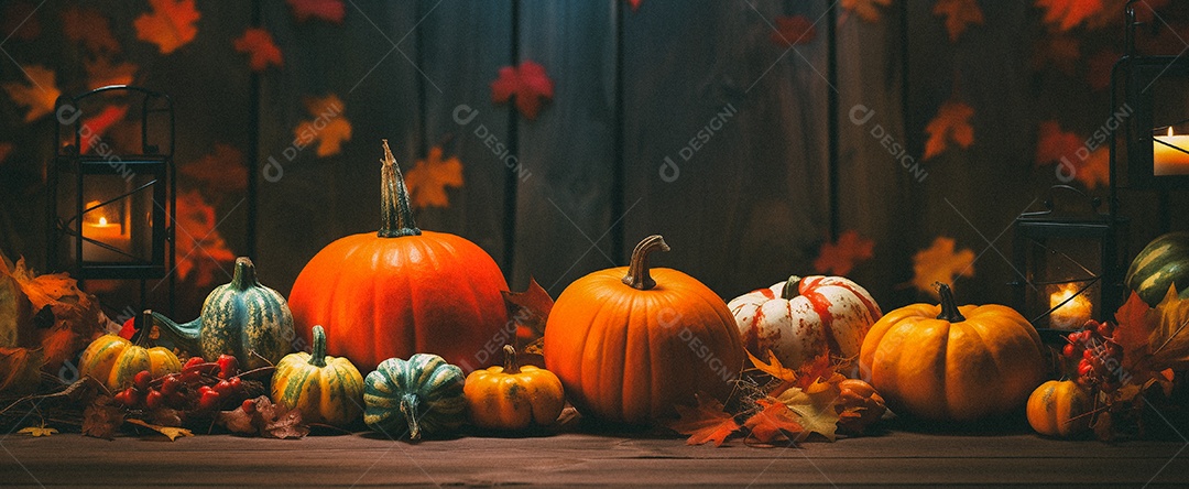 Fundo colorido de outono no piso de madeira com abóboras e folhas