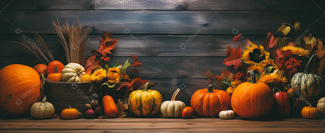 Fundo colorido de outono no piso de madeira com abóboras e folhas
