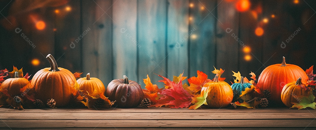Fundo colorido de outono no piso de madeira com abóboras e folhas