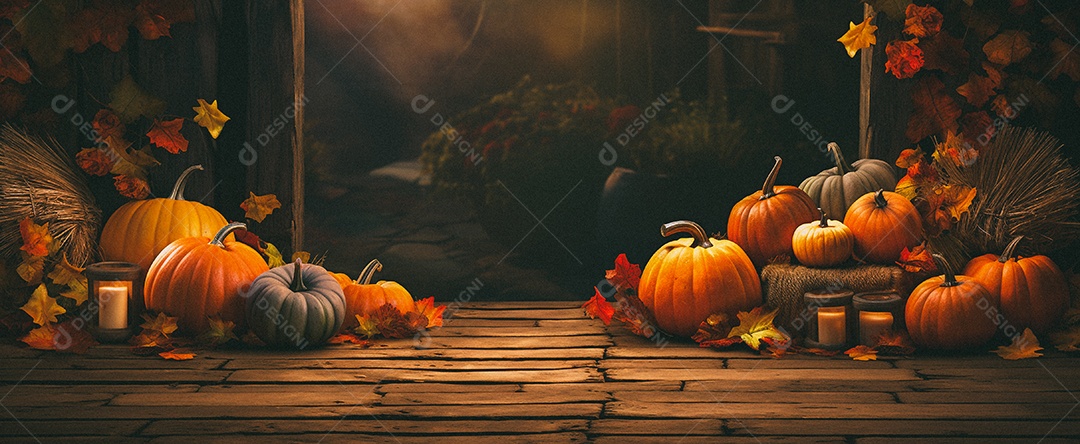 Fundo colorido de outono no piso de madeira com abóboras e folhas