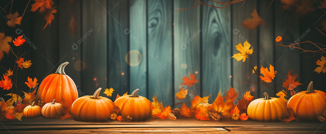 Fundo colorido de outono no piso de madeira com abóboras e folhas