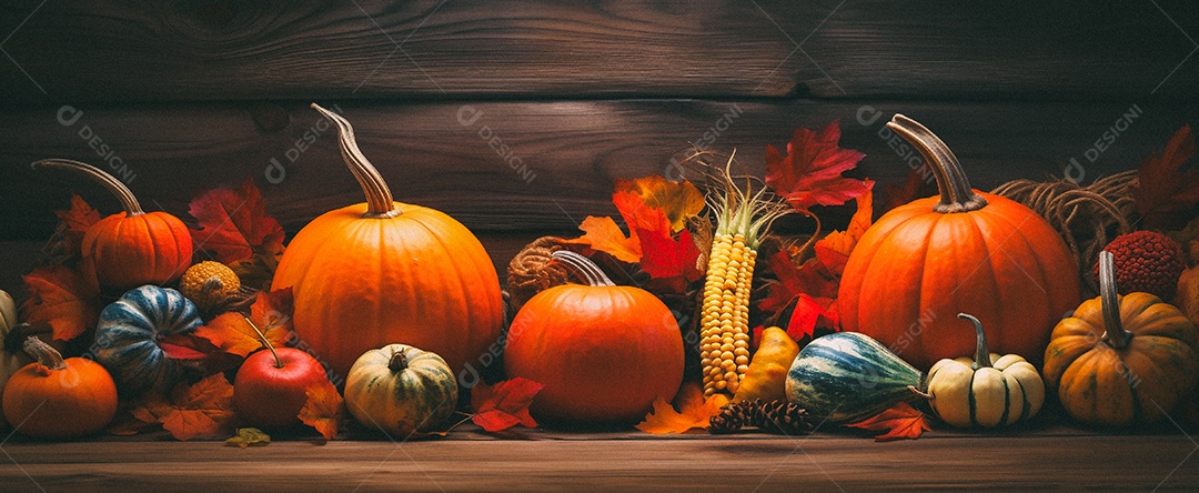 Fundo colorido de outono no piso de madeira com abóboras e folhas