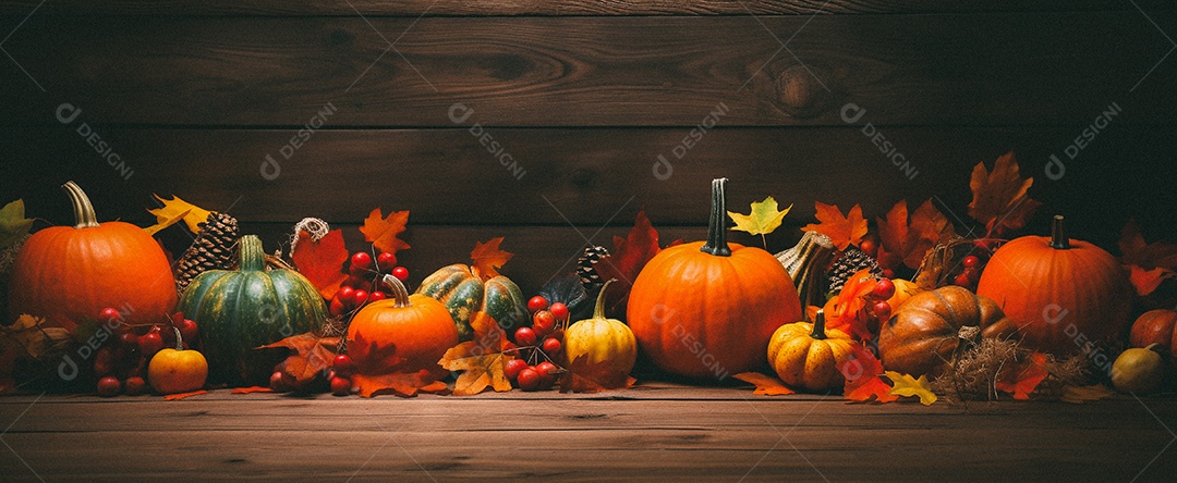 Fundo colorido de outono no piso de madeira com abóboras e folhas