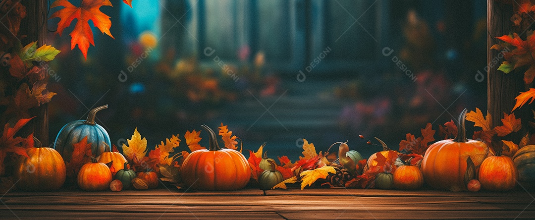 Fundo colorido de outono no piso de madeira com abóboras e folhas