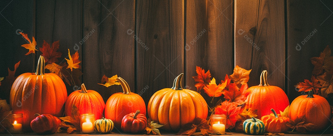 Fundo colorido de outono no piso de madeira com abóboras e folhas