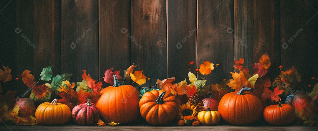 Fundo colorido de outono no piso de madeira com abóboras e folhas