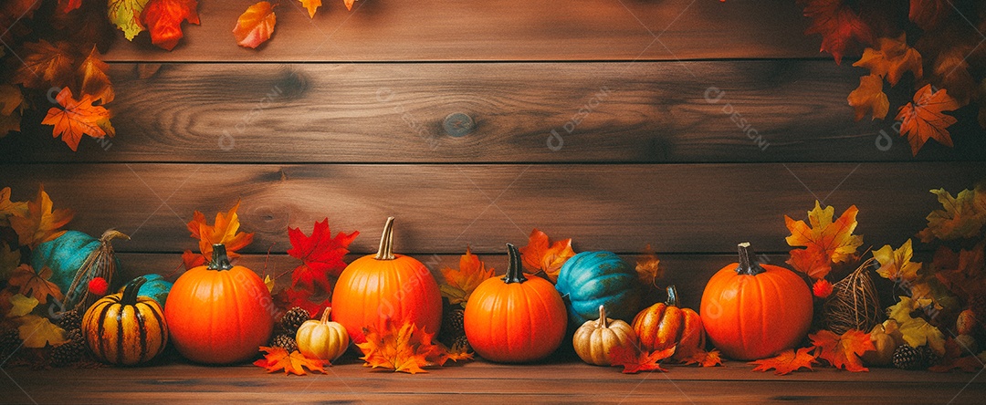 Fundo colorido de outono no piso de madeira com abóboras e folhas