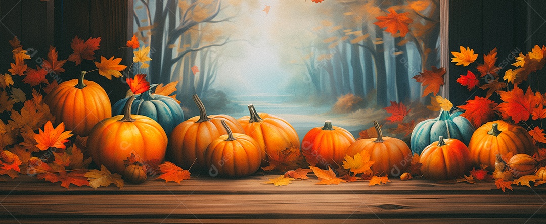 Fundo colorido de outono no piso de madeira com abóboras e folhas