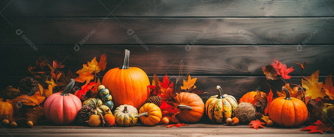 Fundo colorido de outono no piso de madeira com abóboras e folhas