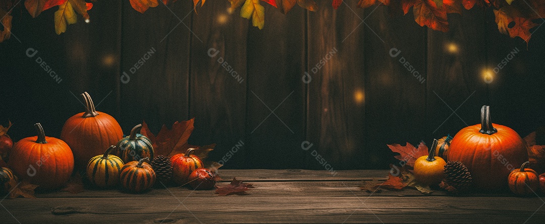 Fundo colorido de outono no piso de madeira com abóboras e folhas