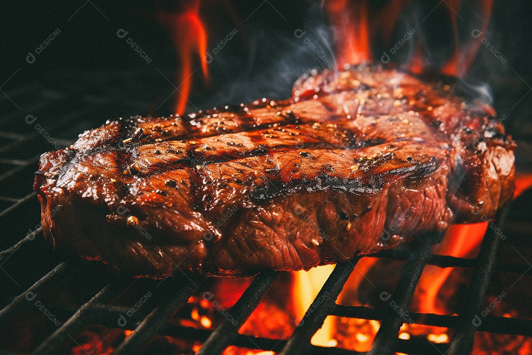 Bife sendo grelhado na churrasqueira