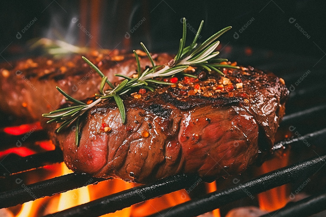 Bife sendo grelhado na churrasqueira