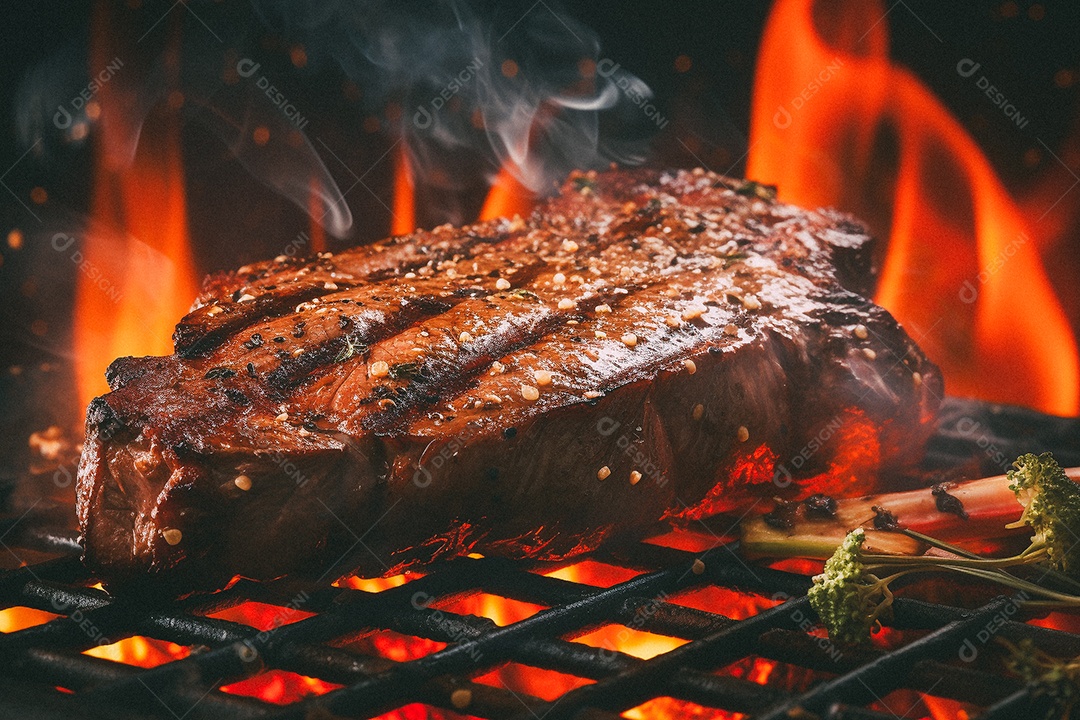 Bife sendo grelhado na churrasqueira