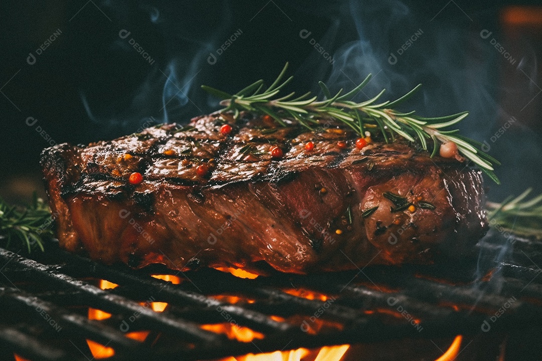 Bife sendo grelhado na churrasqueira