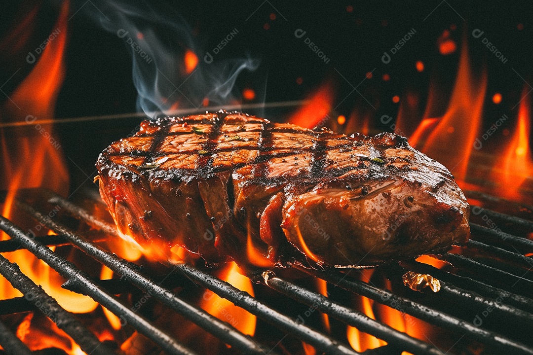 Bife sendo grelhado na churrasqueira