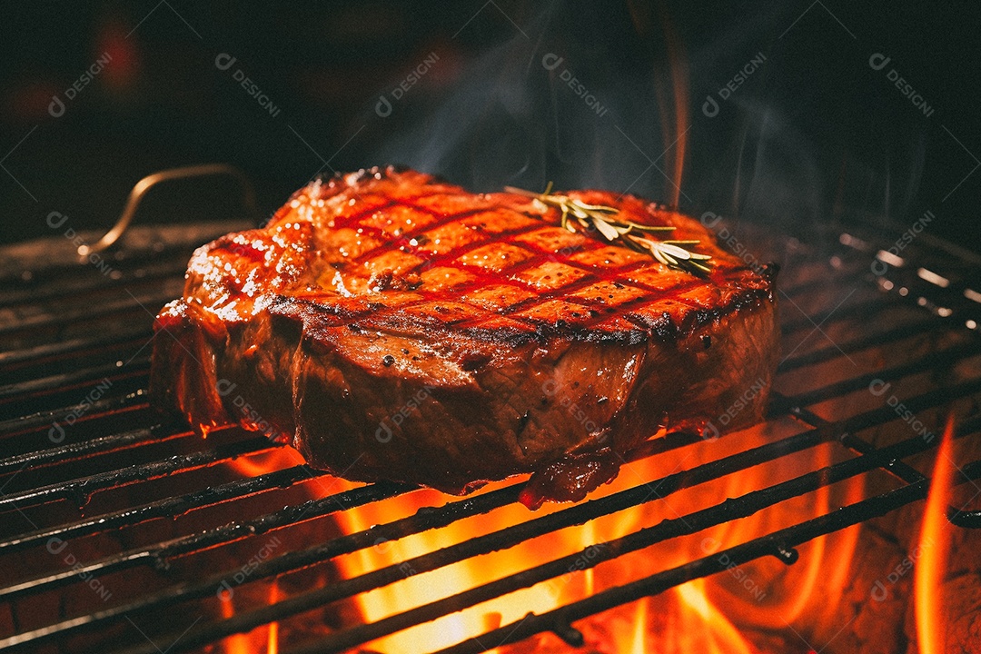 Bife sendo grelhado na churrasqueira
