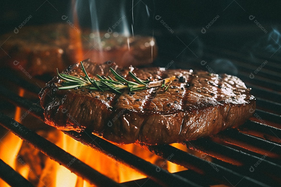 Bife sendo grelhado na churrasqueira