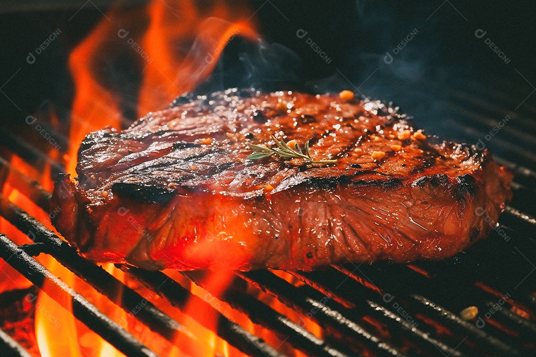 Bife sendo grelhado na churrasqueira