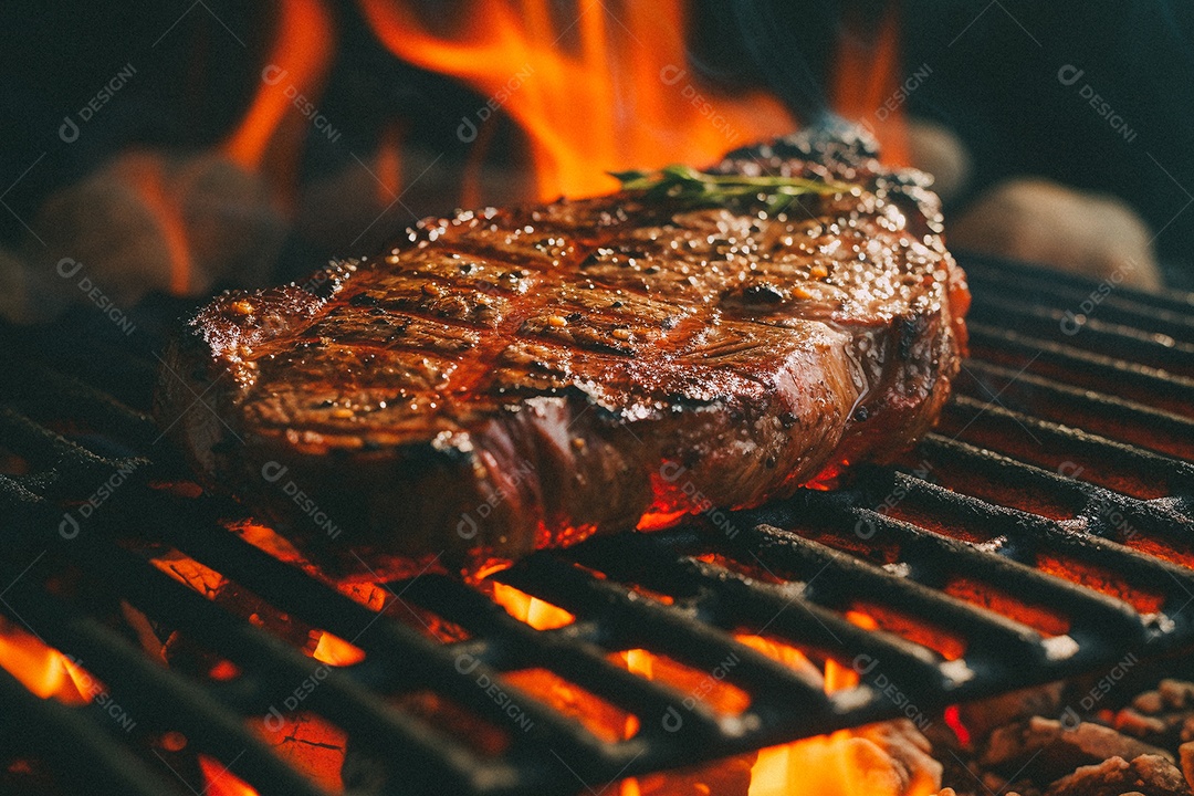 Bife sendo grelhado na churrasqueira