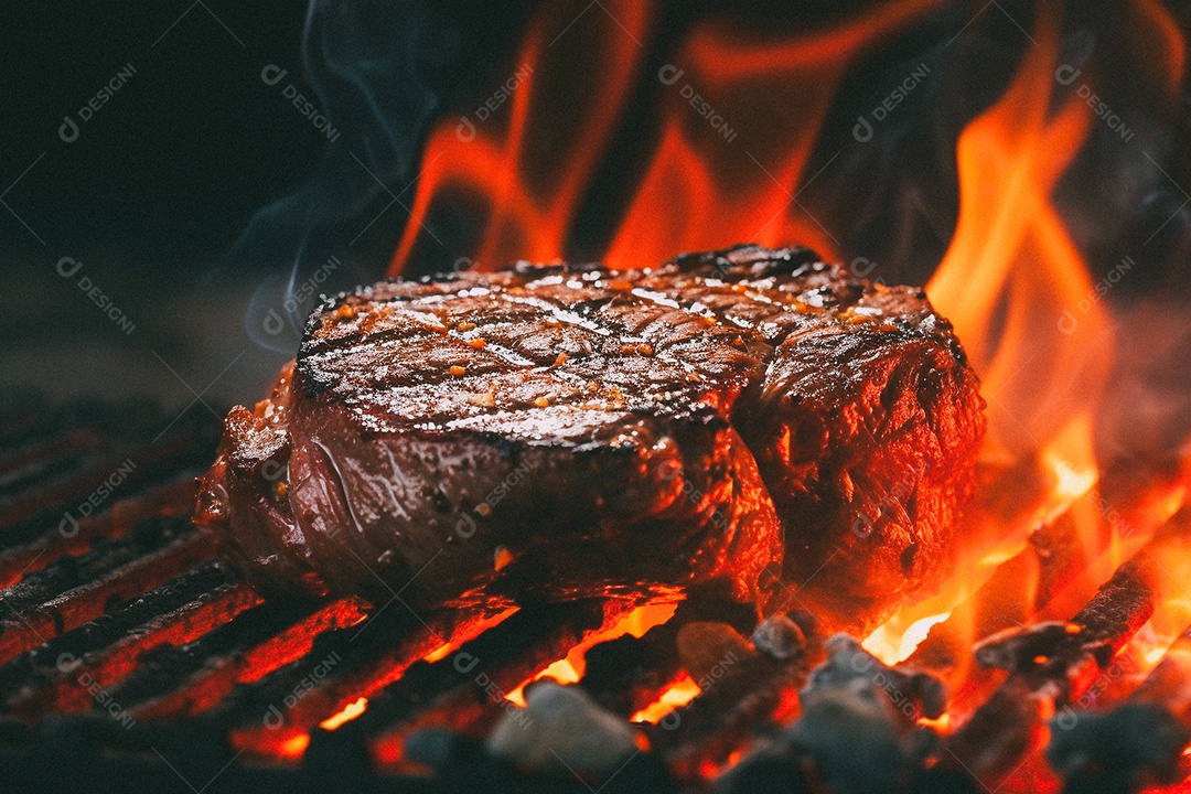 Bife sendo grelhado na churrasqueira