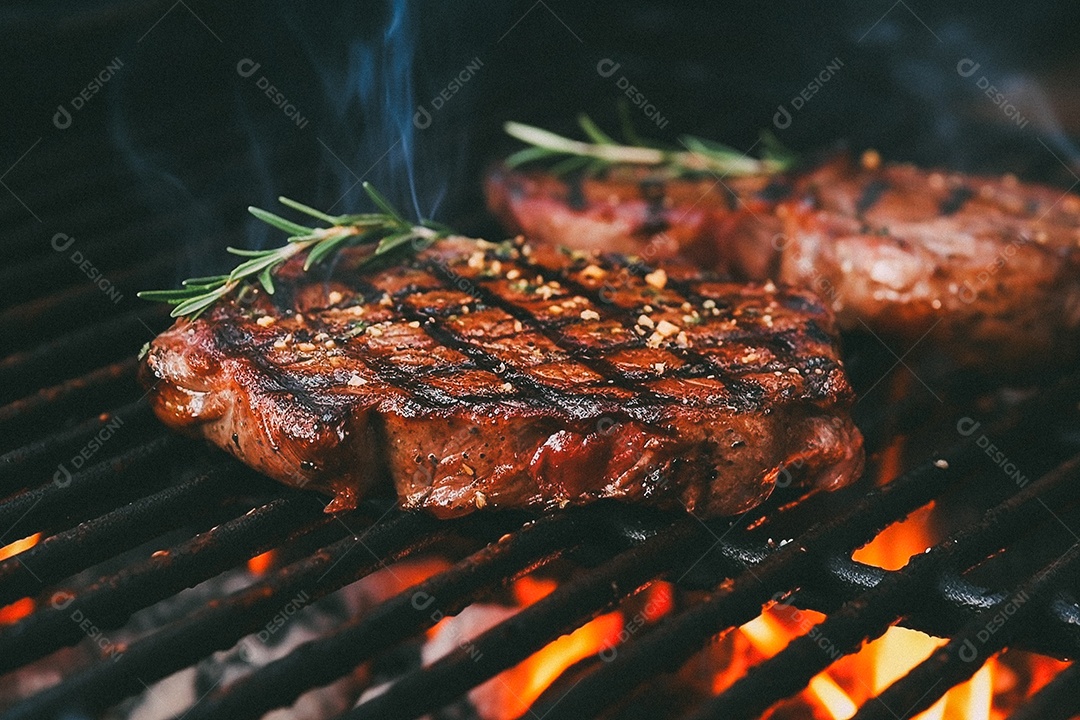 Bife sendo grelhado na churrasqueira