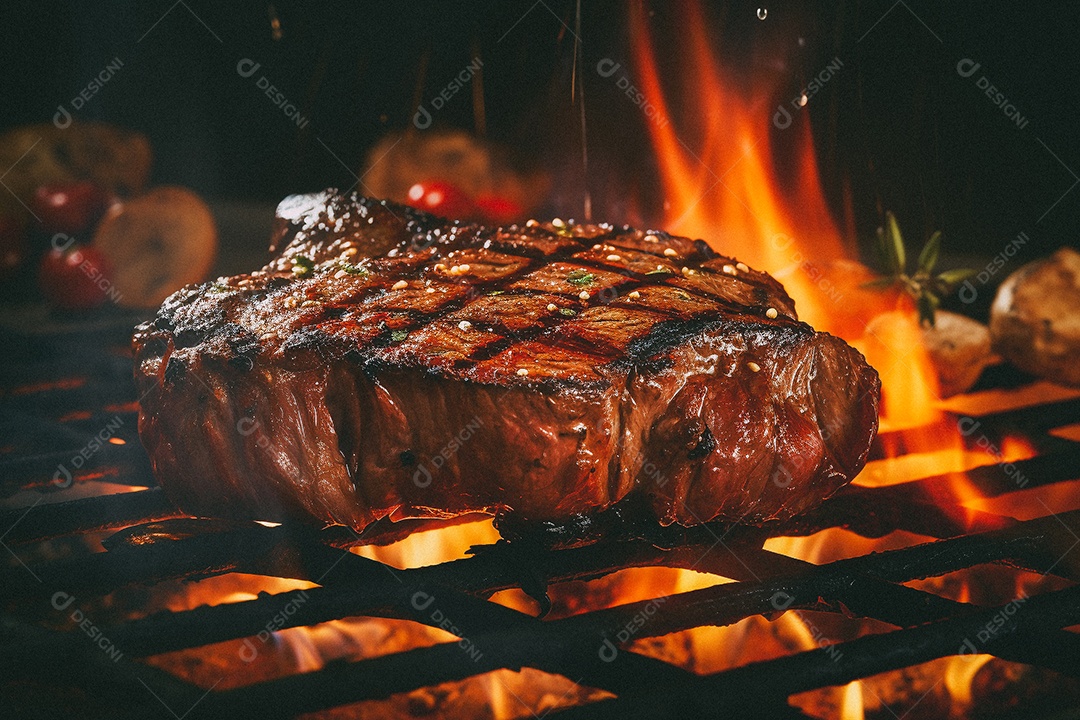 Bife sendo grelhado na churrasqueira