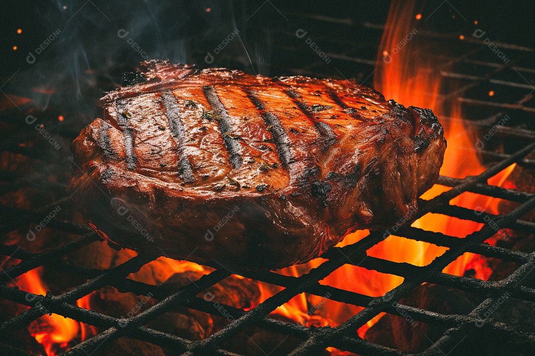 Bife sendo grelhado na churrasqueira