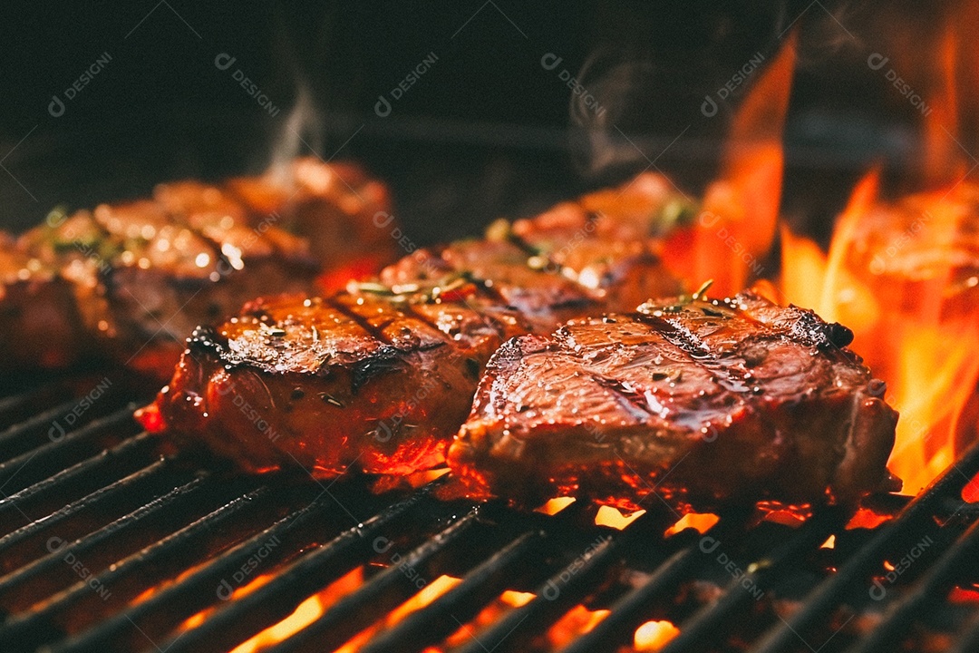 Bife sendo grelhado na churrasqueira