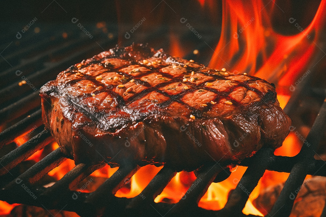 Bife sendo grelhado na churrasqueira