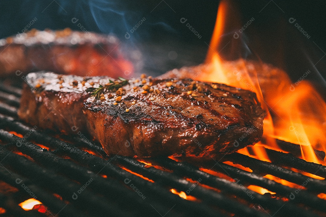 Bife sendo grelhado na churrasqueira