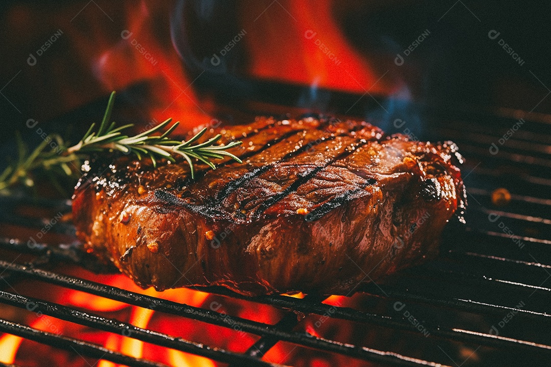 Bife sendo grelhado na churrasqueira