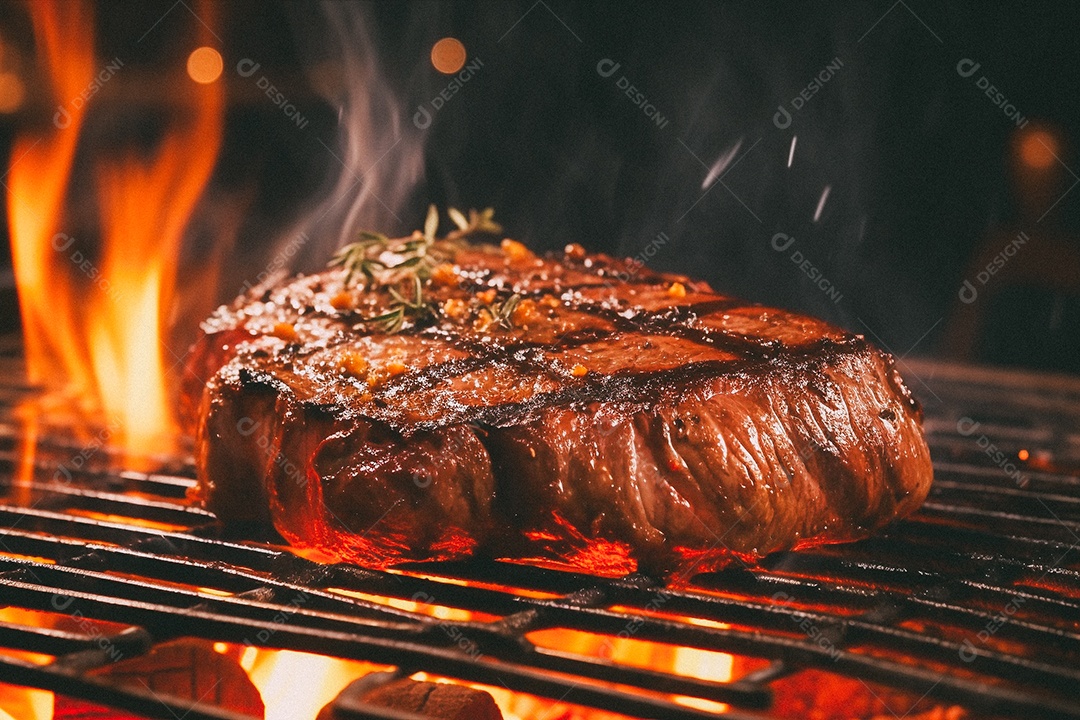 Bife sendo grelhado na churrasqueira