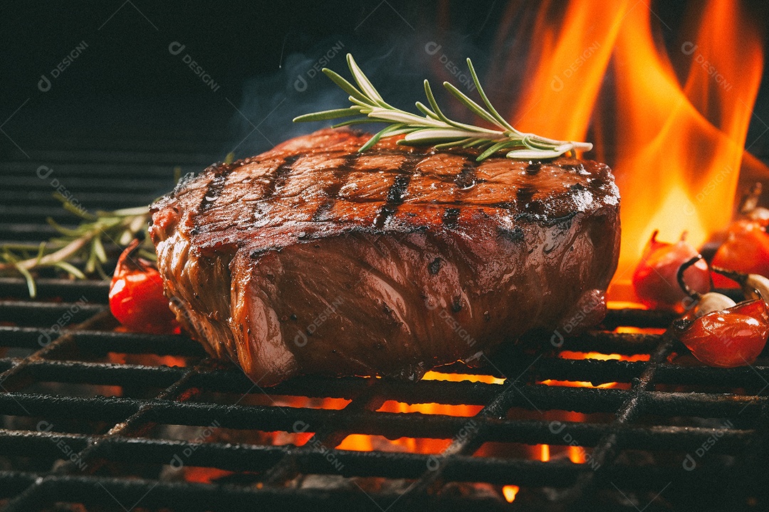 Bife sendo grelhado na churrasqueira