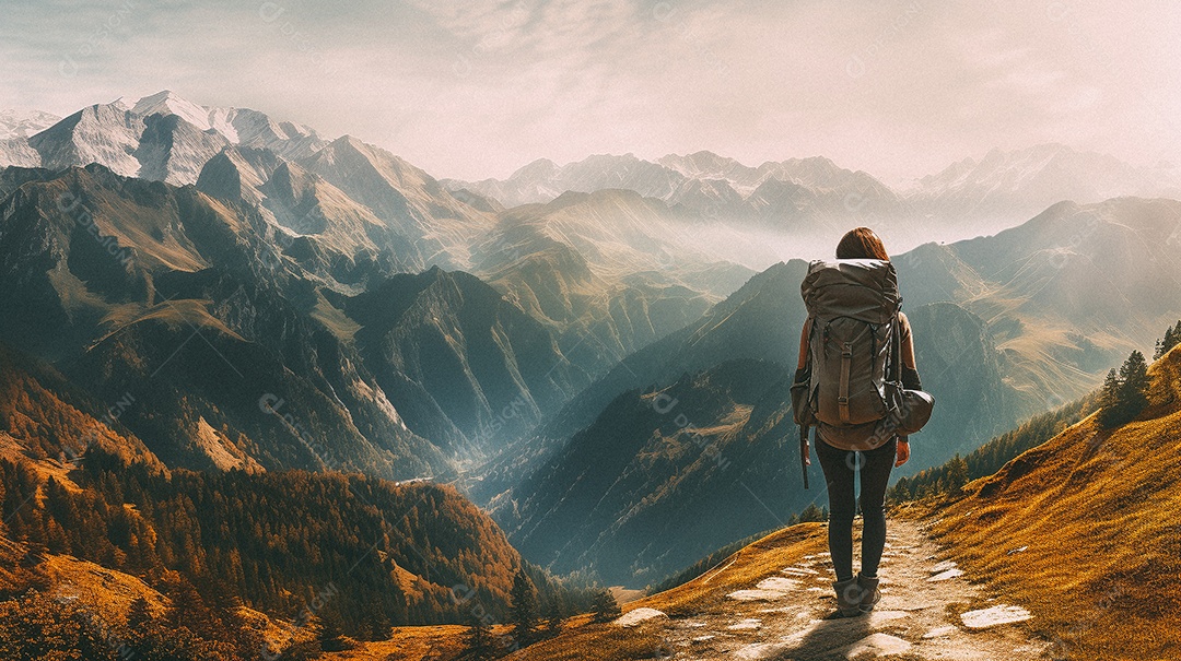 Mulher com mochila andando nas montanhas