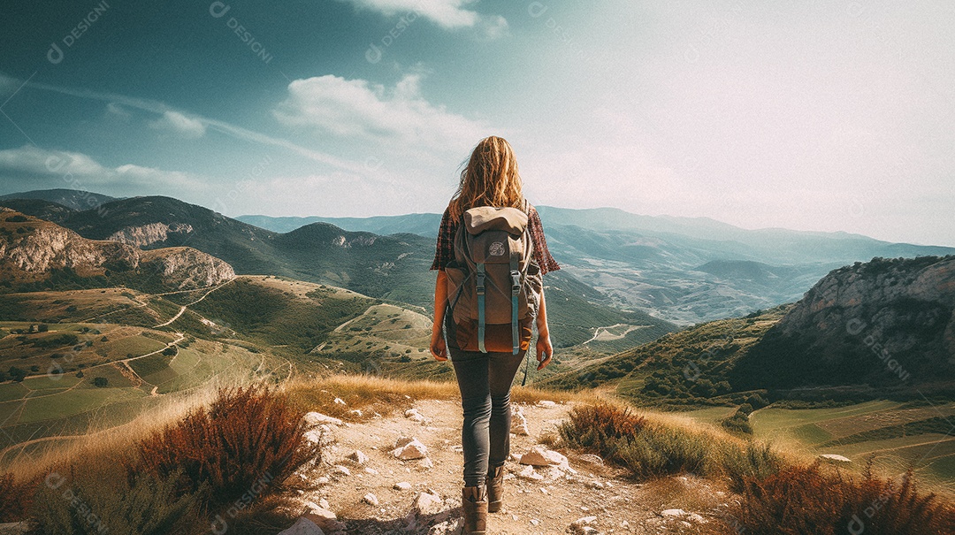 Mulher com mochila andando nas montanhas