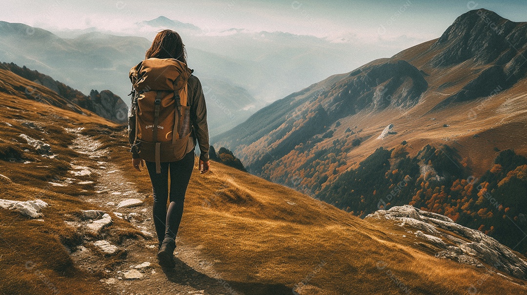 Mulher com mochila andando nas montanhas