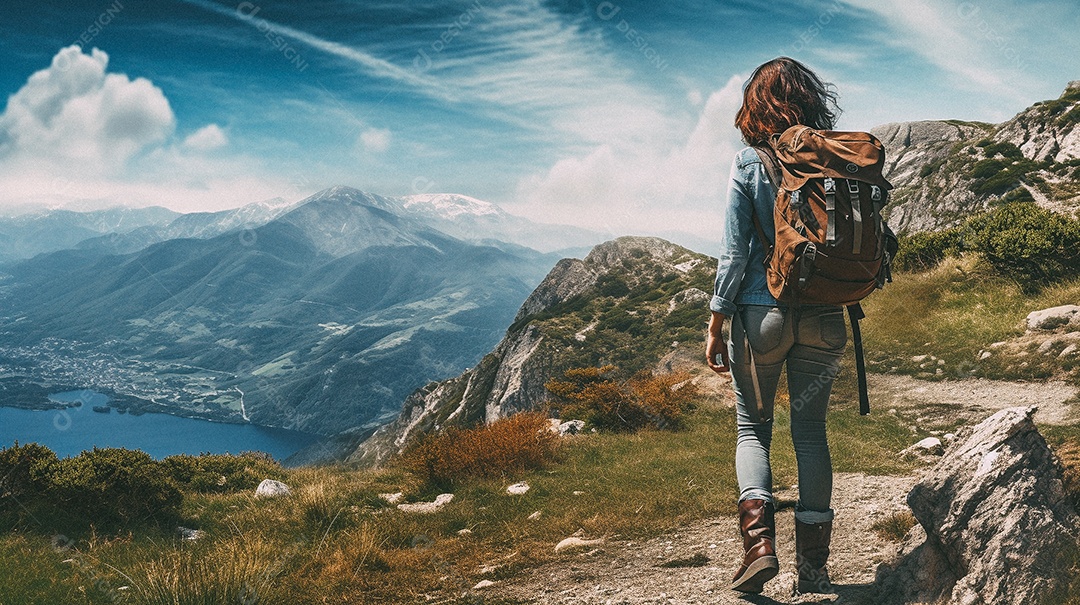 Mulher com mochila andando nas montanhas
