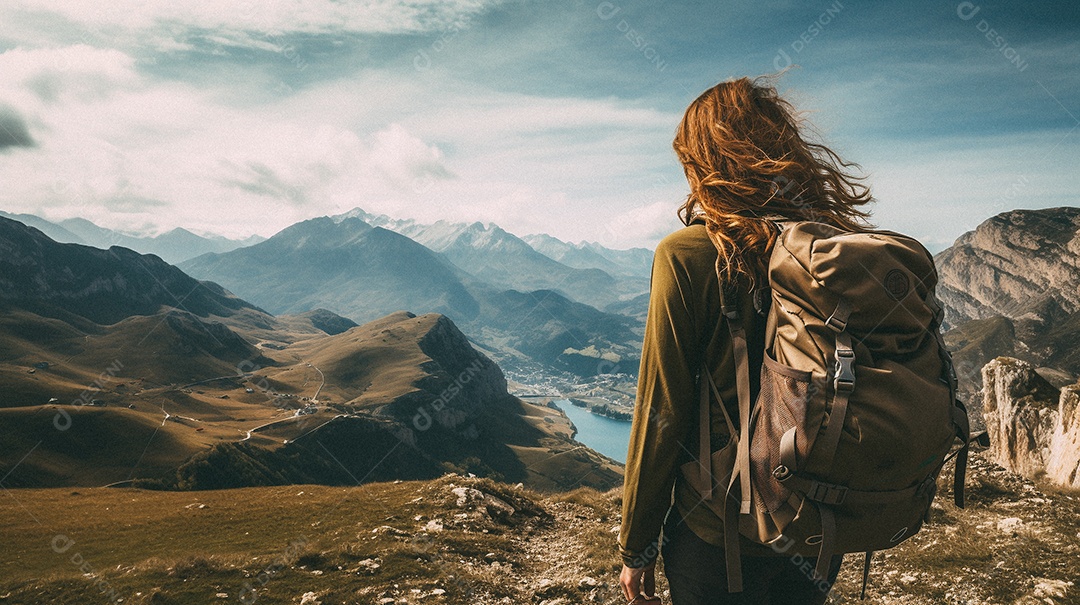 Mulher com mochila andando nas montanhas