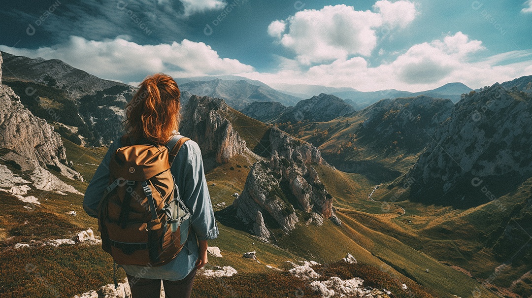 Mulher com mochila andando nas montanhas